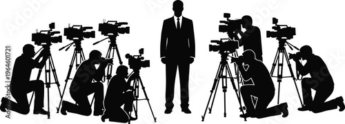 Press conference silhouette of a businessman leader in a suit being photographed by multiple photographers with professional cameras and tripods.