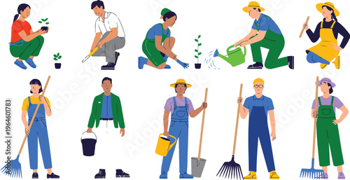 Farmer characters collection with cartoon agriculture workers using gardening tools featuring man and woman farm labor vector illustration set