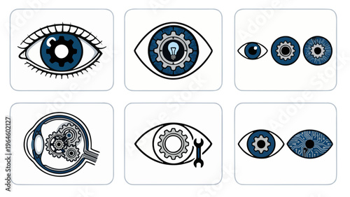 Human eye with mechanical gear pupil vector icons