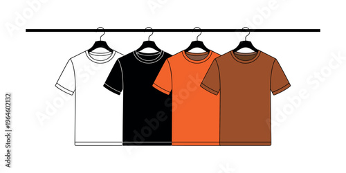 Four short sleeved t shirts on hangers in white black orange brown clothing apparel