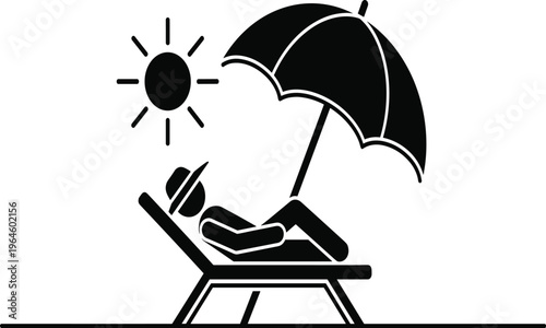 Black and white of a person reclining on a lounge chair under a sun umbrella
