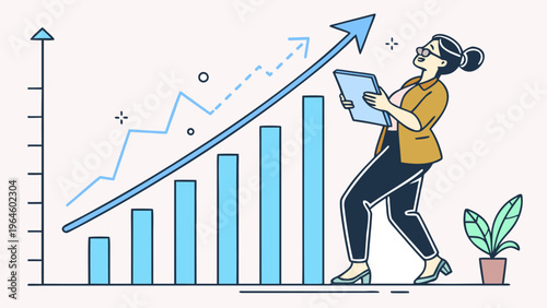Vector illustration of businessman analyzing rising bar chart and upward arrow. Business growth, financial success, marketing analytics, and performance report concept.