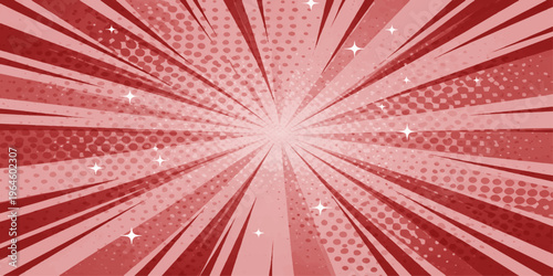 A vibrant red comic book style background with radiating sunburst lines and sparkling star accents