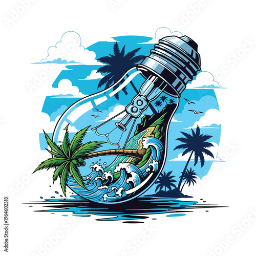 Bright idea for a tropical escape: illustration of an island beach scene inside a lightbulb