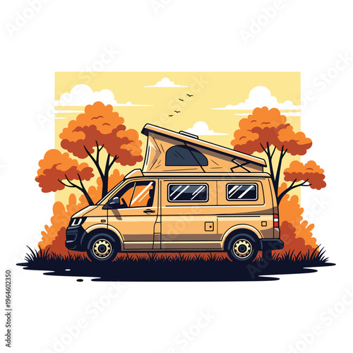 Autumn adventure with a pop-top camper van parked in a scenic natural environment, vector illustration.