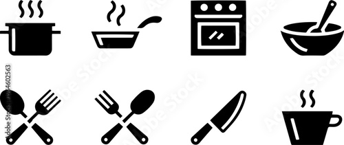 Household Appliances and Culinary Utensils Icon Set — Flat Cooking Symbols of Kitchen Tools, Tableware, Food Preparation, Heat, Freezing, Stirring and Temperature Control Pictograms, Vector Illustrati