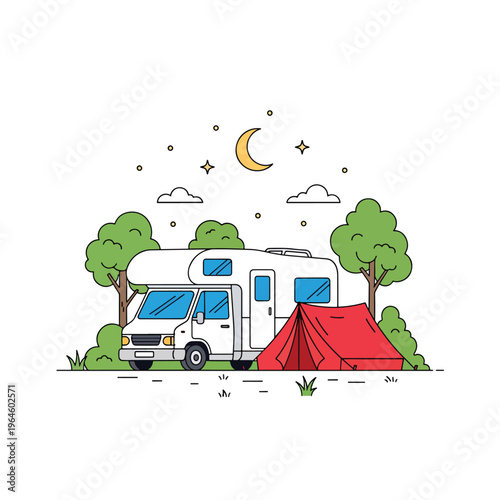 Overnight camping adventure illustration with a camper van and tent in a natural forest setting at night.