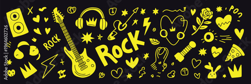 Rock music doodle icons, hand drawn vector illustration, lightning bolts, graffiti style, tattoo stickers, chalkboard marker sketch, band elements, music culture and creative design concept.