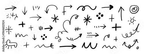 Hand drawn doodle arrows and symbols vector set isolated on transparent background, artistic sketch collection.