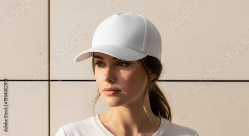 Woman in stylish baseball cap near beige wall mockup for design hat mockup mockup cap hat template fashion clothing baseball front sport isolated blank