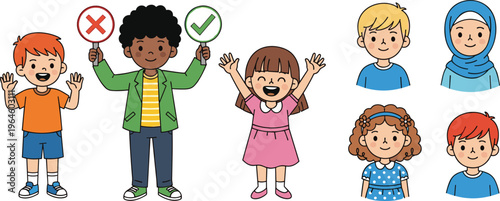 Set of diverse children characters showing approval and rejection signs isolated on white background kids cartoon vector illustration