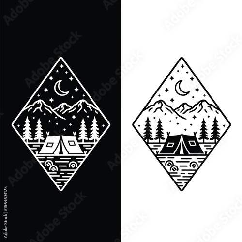 Night Camping Adventure in Mountain Wilderness: Minimalist Line Art Graphic Design