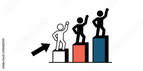 Stick figures on colored blocks with one moving up people in white background