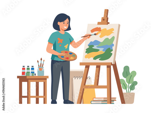 Artist painting on canvas easel with palette and brushes.