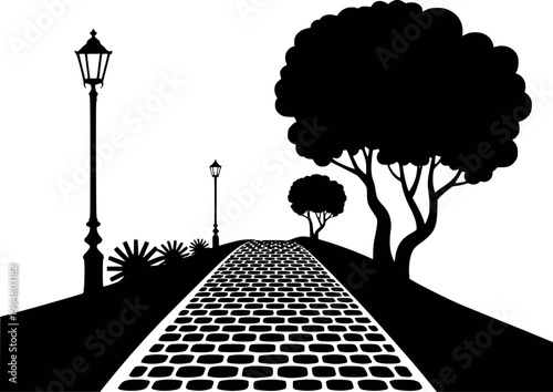 Black silhouette of a cobblestone path leading through a park with trees and lampposts white background