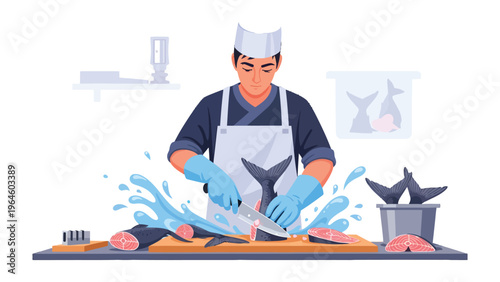 Mastering the Art of Culinary Precision: A skilled chef expertly prepares a fresh, glistening tuna at a bustling sushi restaurant, showcasing the precision and artistry of the culinary world.