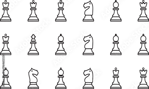 Chess pieces, vector icons set, black and white, pawns, knights, bishops, queens, kings, rooks, chess game