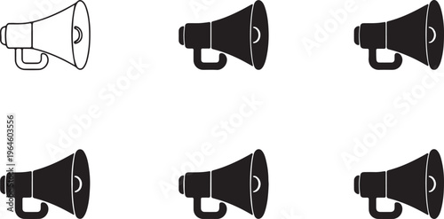 Megaphone icons, loudspeaker symbols, announcement vectors, communication graphics, black and white illustrations