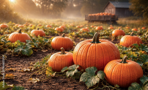 Bright orange pumpkins on rich soil with lush green vines during peak harvest season in a farm