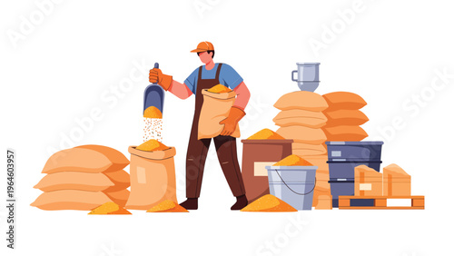 The Grain Harvest: A worker meticulously manages the grain, showcasing the careful process of filling a sack with scoop in industrial setting.