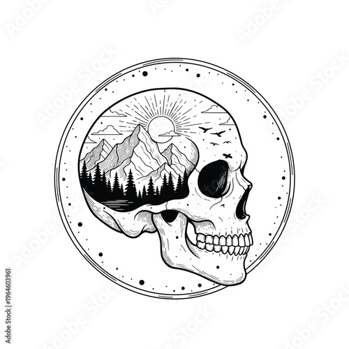Detailed line illustration of a skull contemplating a beautiful mountain forest landscape at sunrise.