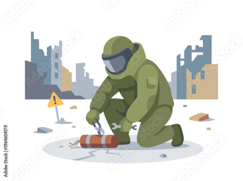 Bomb disposal expert disarming a suspicious device in a war-torn city.