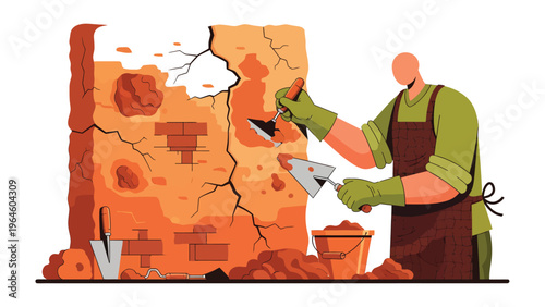 Brickwork Artisan: A skilled artisan meticulously repairs a damaged brick wall, showcasing precision and craftsmanship in their work.