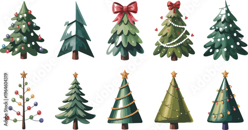 Christmas trees vector set with decorated pine featuring candles candy toys star and tinsel for merry xmas winter holiday