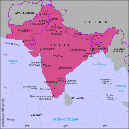 Vector political world map. South Asia with 
India, Pakistan, Indian Ocean,
Maldives, Bangladesh, Nepal, Afghanistan,
Bhutan, Arabian sea, Bengal Bay, 
Sri Lanka, Andaman islands, Nicobar islands.