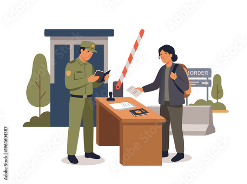Border Control Officer Checking Passport at Checkpoint.