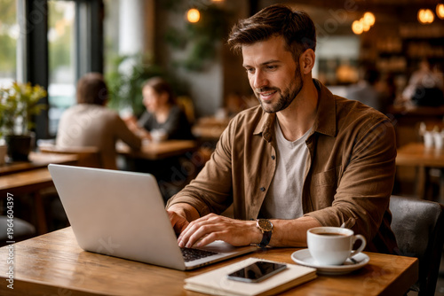Confident young entrepreneur working on a laptop in a cozy café environment with warm lighting and modern lifestyle productivity atmosphere