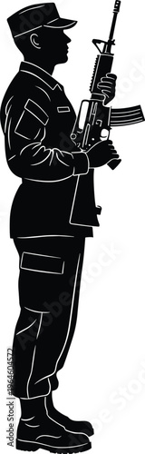 Professional black silhouette of a brave soldier in uniform holding an assault rifle standing tall isolated on white background for military and security vector art.