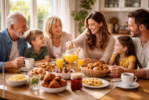 Happy multigenerational family enjoying a relaxed weekend breakfast together in a bright modern kitchen filled with natural light and warm atmosphere