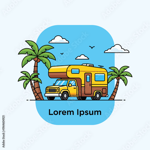 Motorhome parked between tropical palm trees under a sunny blue sky, vector illustration