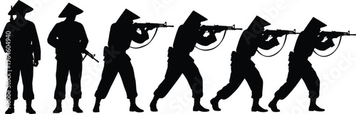 Professional black silhouette of Vietnamese soldiers in traditional conical hats holding rifles standing and aiming isolated on white background for military vector.