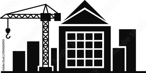 Professional black construction silhouette featuring industrial tower crane and modern building structure isolated on white background for architecture and engineering vector.