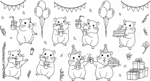 Cute hamster party vector set with balloons, cake, drinks and celebration elements, funny cartoon outline illustration collection