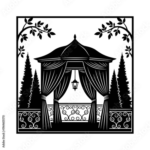Ornate black silhouette of a victorian gazebo with draping curtains decorative railings and lush topiary trees