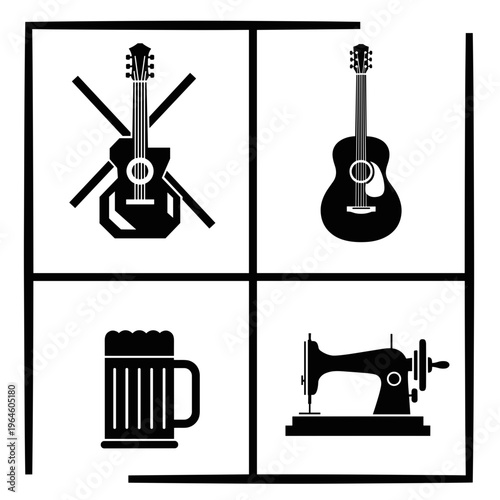 Four distinct black silhouette icons representing hobbies and interests acoustic guitar with crossed drumsticks solo