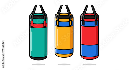 Three colorful punching bags for boxing or martial arts training isolated on a white background with subtle shadows