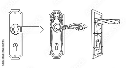 Ornate and classic door handles and levers with decorative escutcheons and keyholes architectural hardware details