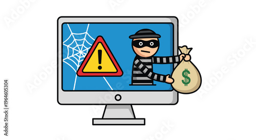 Cyber criminal hacker stealing money from a cracked computer screen with a warning sign and spider web