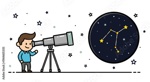Curious boy with telescope explores the cosmos observing distant stars and constellations in the vast dark night sky