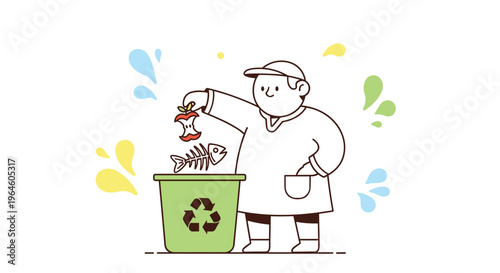 Person in cartoon style discarding organic waste and fish skeleton into recycling bin highlighting environmental
