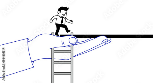 Cartoon businessman climbing ladder on giant hand bridging gap to success symbolizing support opportunity and career