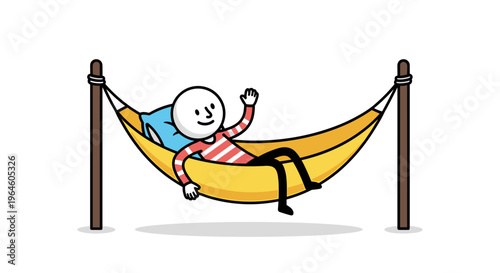 Joyful cartoon character relaxing in a bright yellow hammock waving hand happily enjoying leisure time and vacation