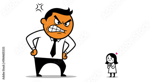 Enraged boss yelling at intimidated subordinate conveying workplace conflict power imbalance and fear in a minimalist