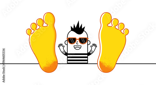 Whimsical cartoon character with spiky hair and sunglasses peeking between oversized yellow feet isolated on white
