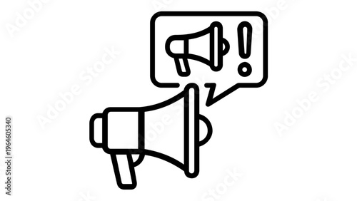 Minimalist line art megaphone vector icon illustration featuring a speech bubble with a bullhorn and exclamation mark, representing marketing, advertising, and digital news announcements.