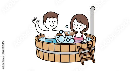 Happy couple relaxing in a wooden hot tub with bubbles and steam enjoying a warm bath outdoors with a ladder for access